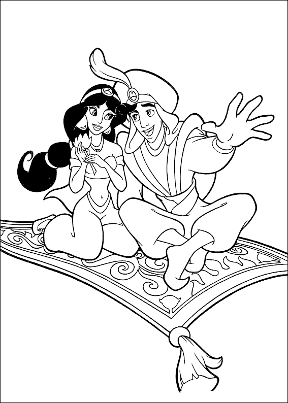 Coloriage  Aladdin et Jasmine sur le voyage