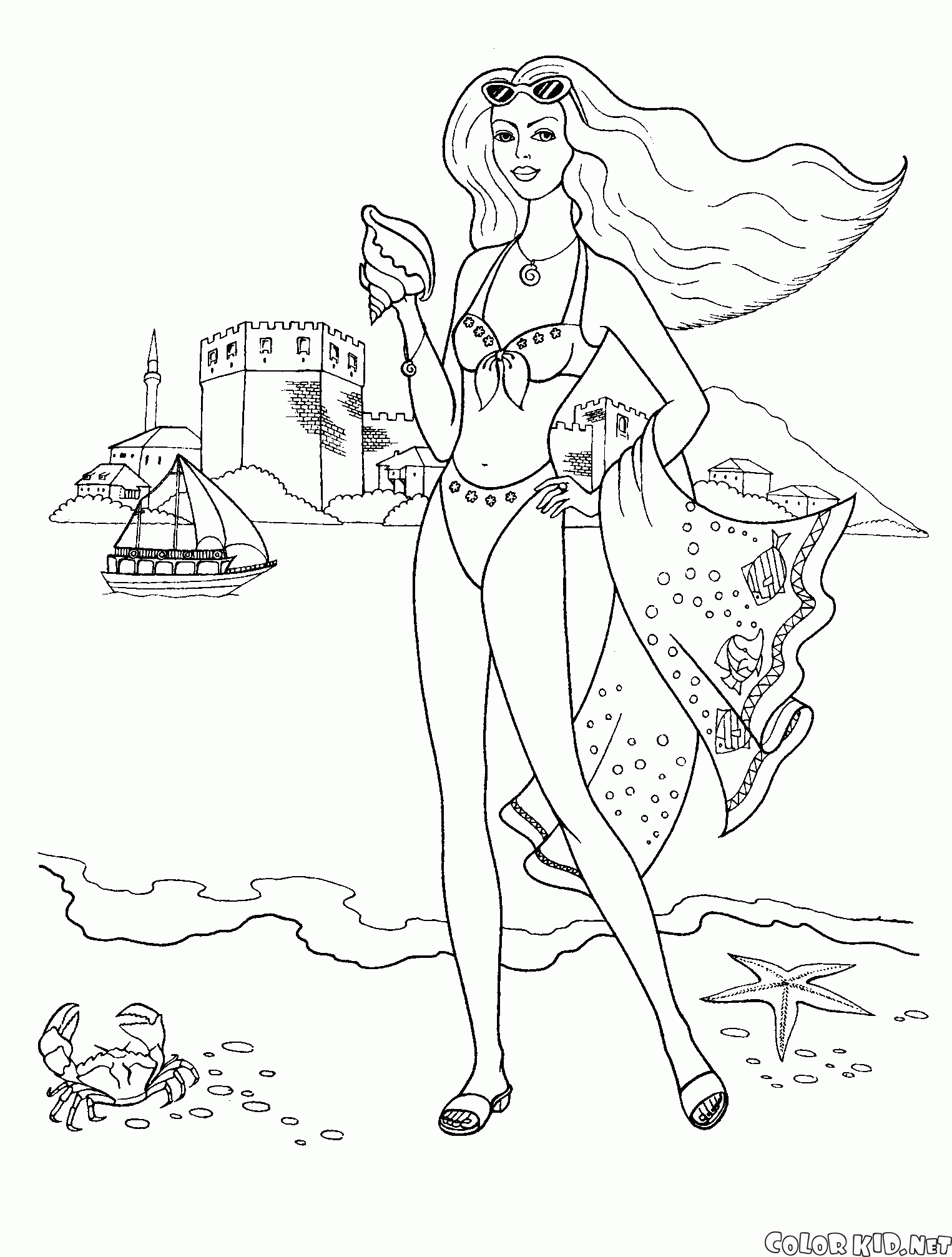 Coloriage La jeune fille anglaise Fille sur la plage