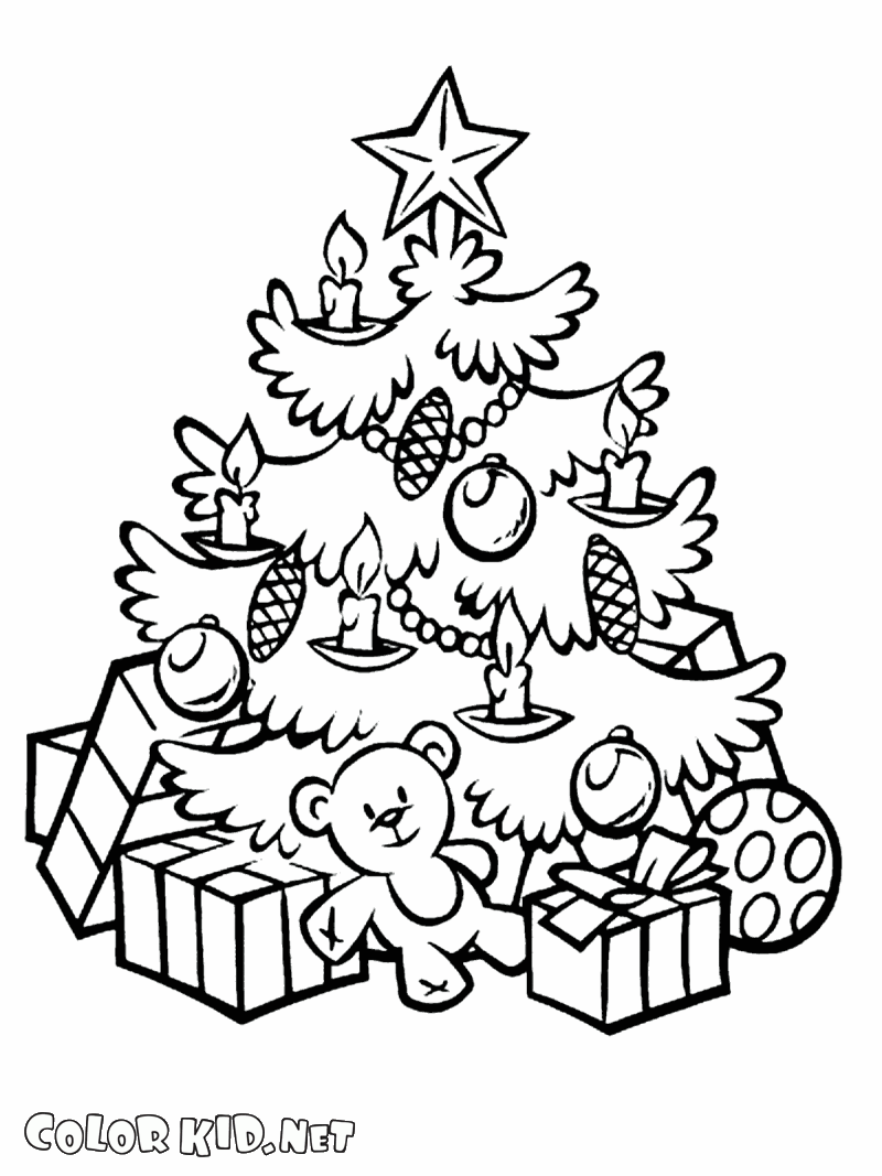 Coloriage Arbre de No l avec des ornements Arbre de No l et de nombreux cadeaux