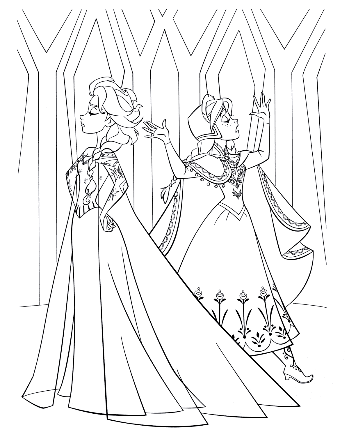 Coloriage  Elsa et Anna dans le château