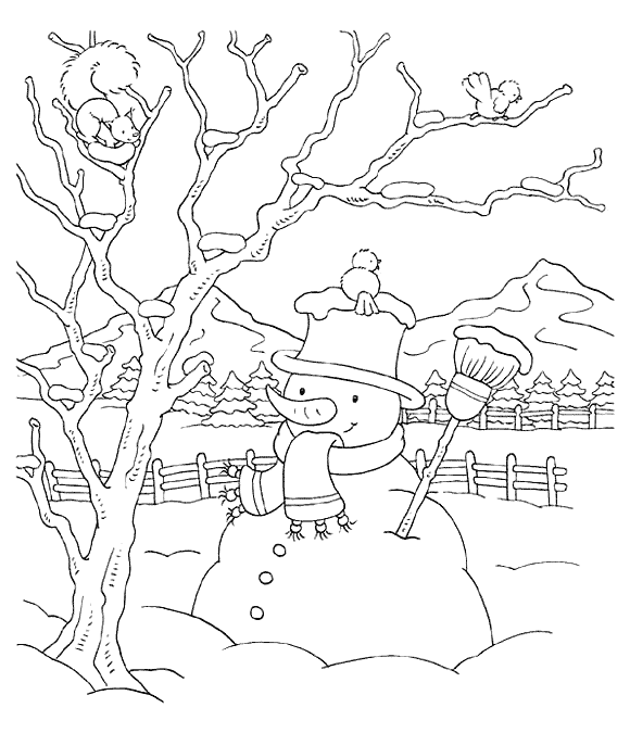 Coloriage  Bonhomme de neige portant un foulard et un chapeau